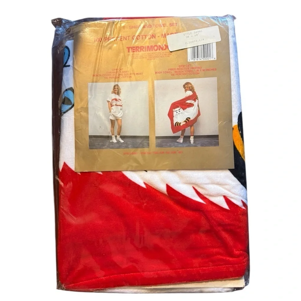 Vintage dead stock Gym Cat Red and White Terrimond Towel Set with Coverup Tee OS